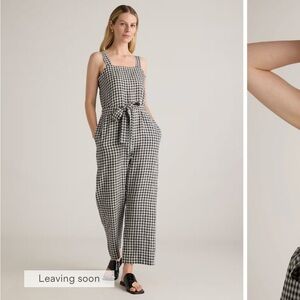 Quince Women's 100% European Linen Square Neck Jumpsuit Khaki Gingham Black XS